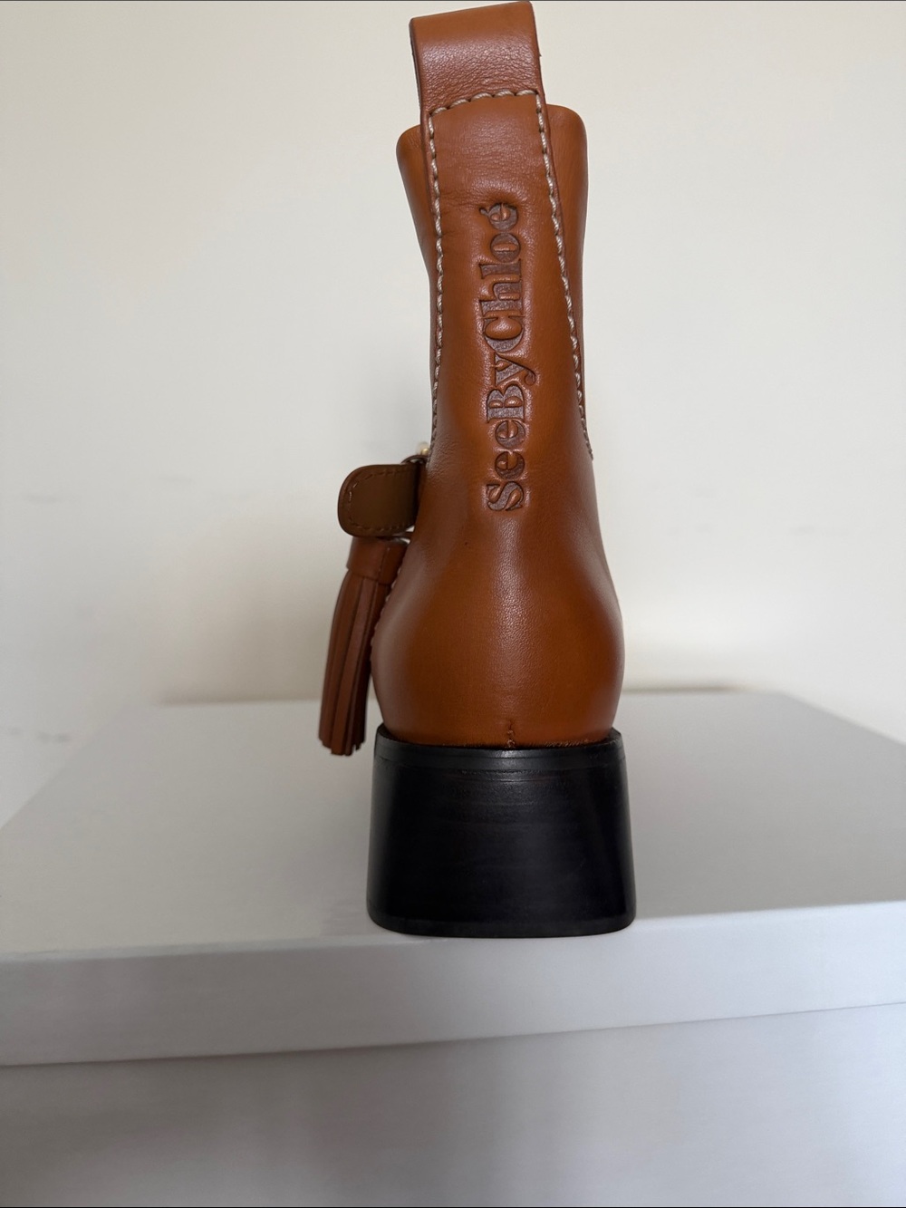 See By Chloe Tan Calf Leather Heeled Ankle Boot with Tassel
